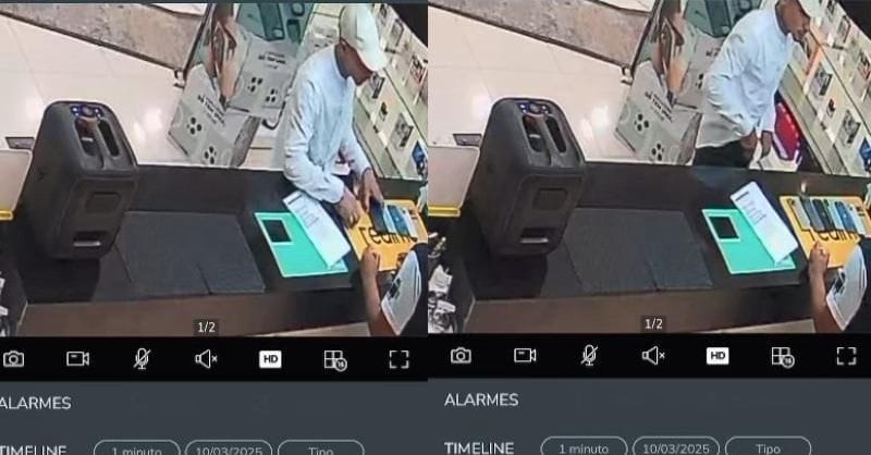 Vídeo mostra ladrão roubando loja de eletrônicos em shopping de Cuiabá; veja
